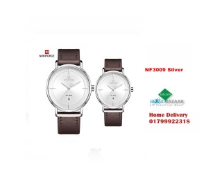 NAVIFORCE NF3009 Silver White PU Leather Couple Watch