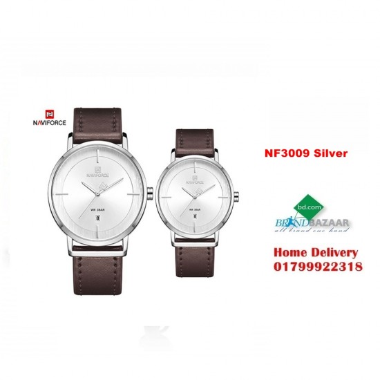 NAVIFORCE NF3009 Silver White PU Leather Couple Watch